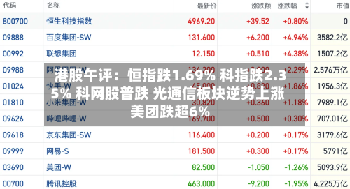 港股午评：恒指跌1.69% 科指跌2.35% 科网股普跌 光通信板块逆势上涨 美团跌超6%